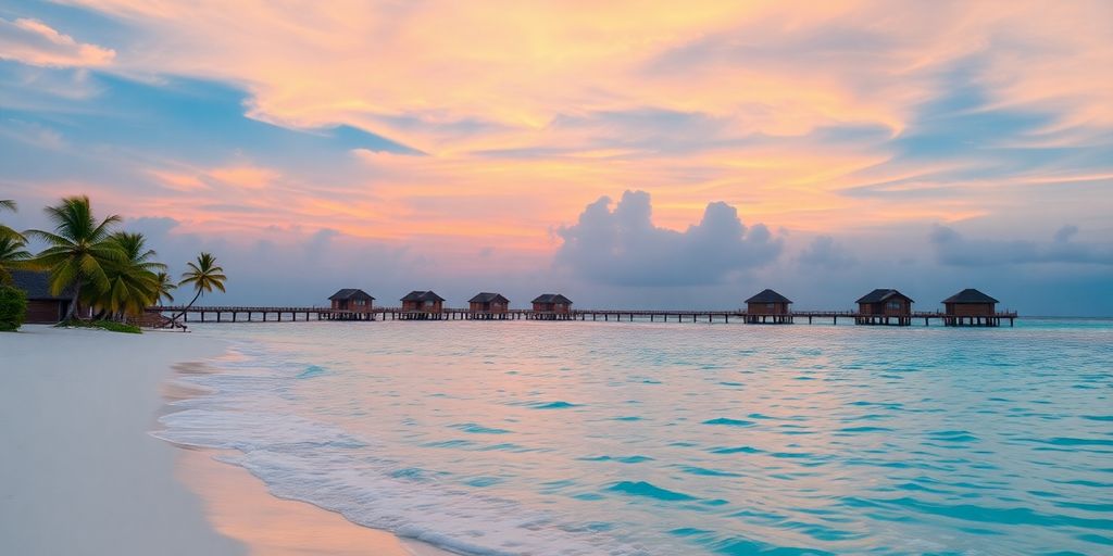 Beautiful beach and overwater bungalows in Rangiroa.