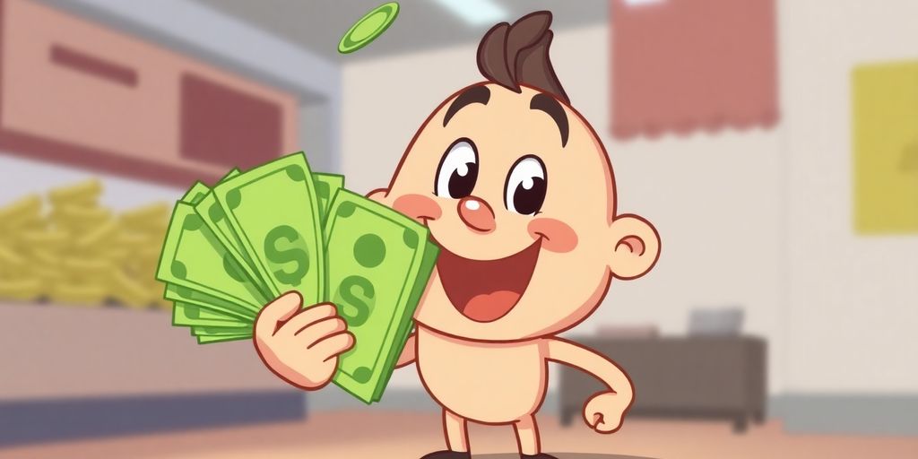 Cartoon person happily holding a large stack of cash.