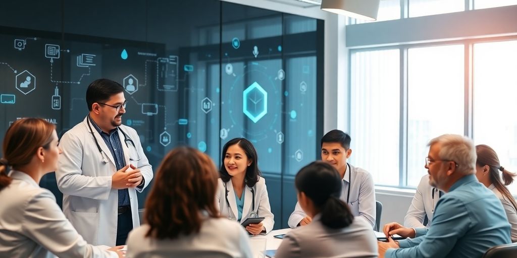 Healthcare professionals collaborating on blockchain innovations.