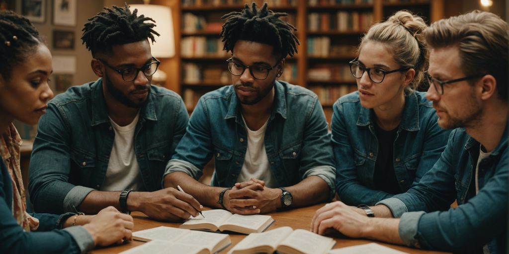 Group of people discussing polyamory with books