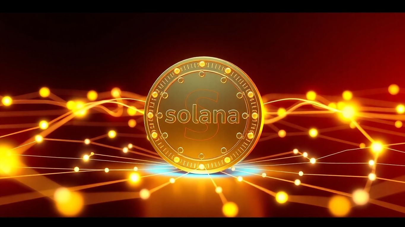 Solana coin with glowing network connections.