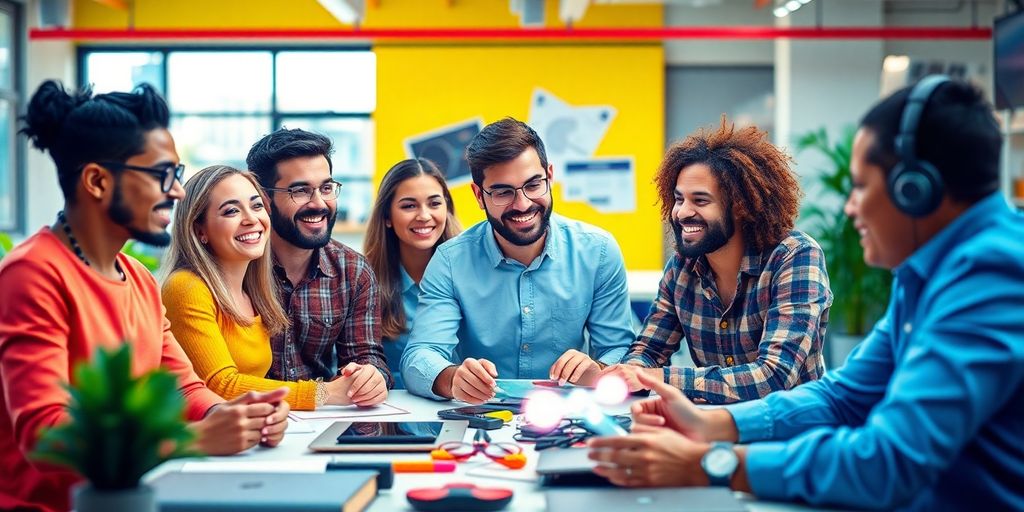 Entrepreneurs collaborating in a modern, vibrant workspace.