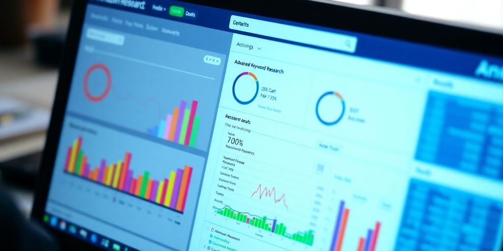 Close-up of a computer analyzing keyword research tools.