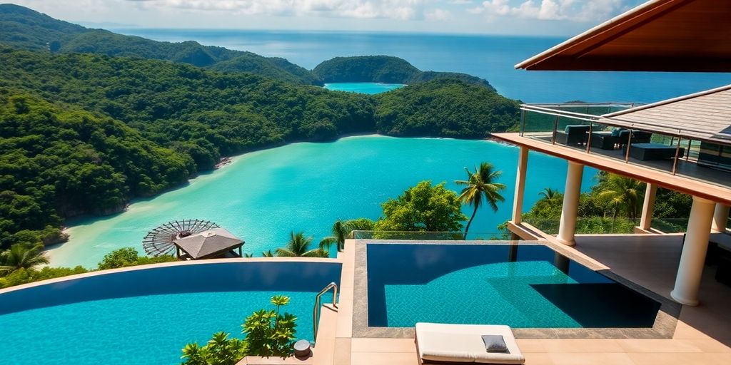Phuket villa overlooking tropical bay.
