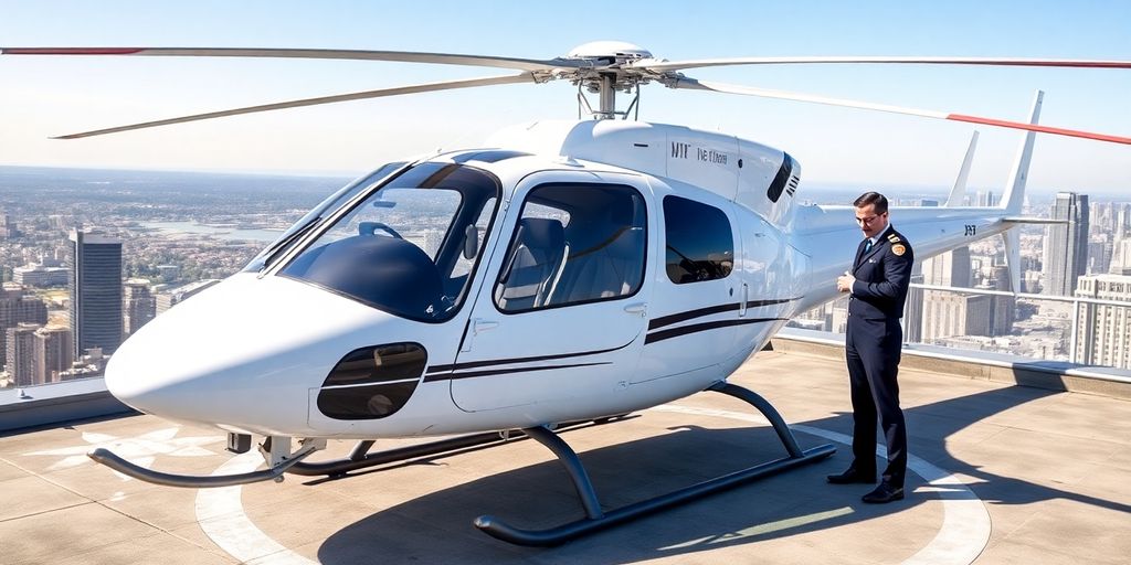 A modern white helicopter on a rooftop helipad with pilot.
