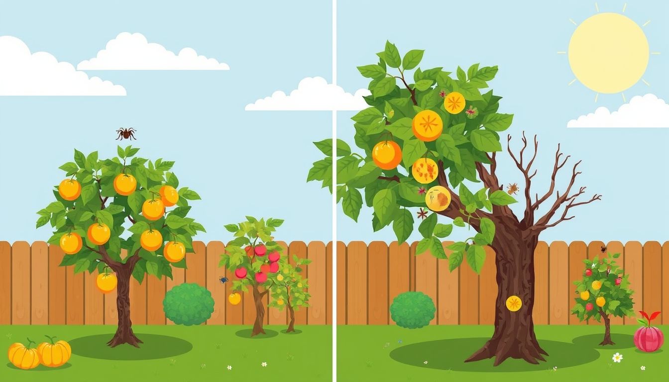 Backyard with fruit trees and visible pests.