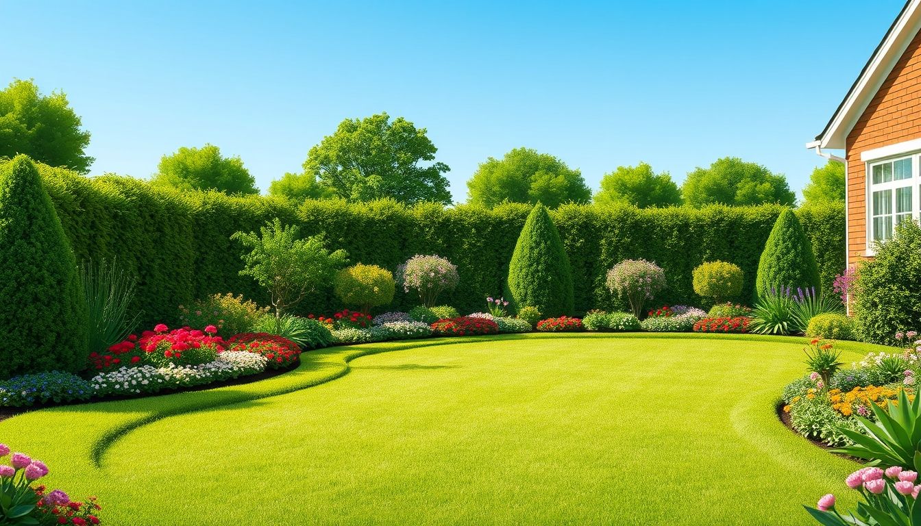 Neatly edged lawn with colourful flower beds