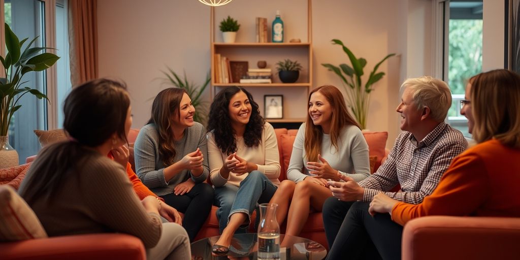 Diverse group chatting in a cozy living room.
