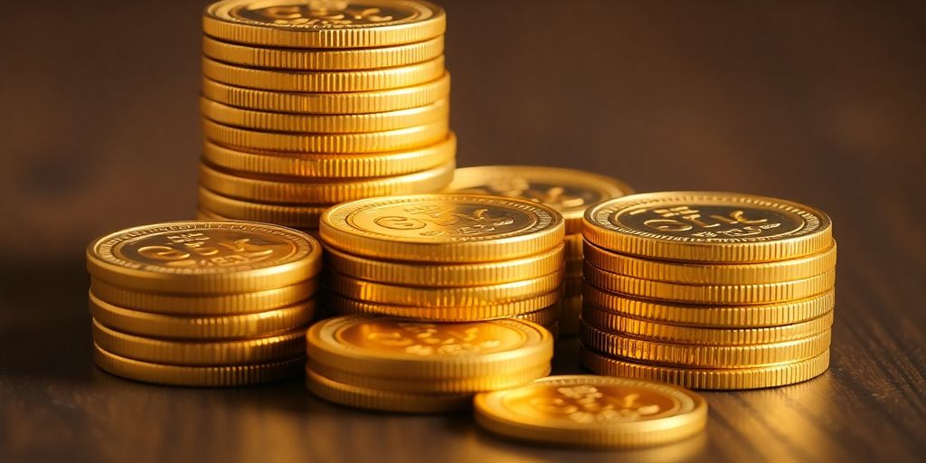 Monnaie en or sur une table en bois.