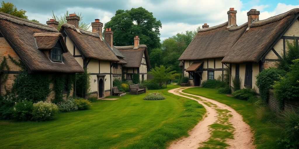 17th-century village with cottages and greenery.