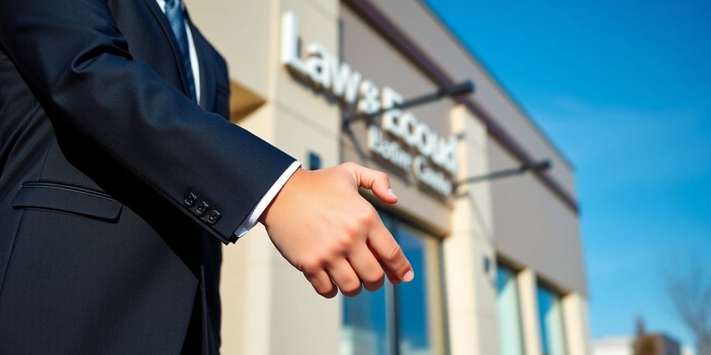 Lawyer and client shaking hands outside legal office.