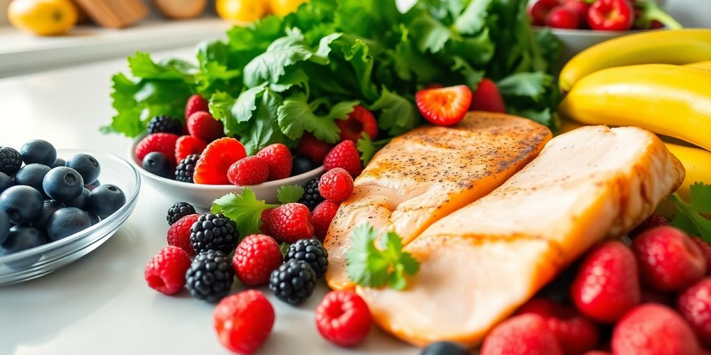 Colorful healthy food arranged on a kitchen counter.