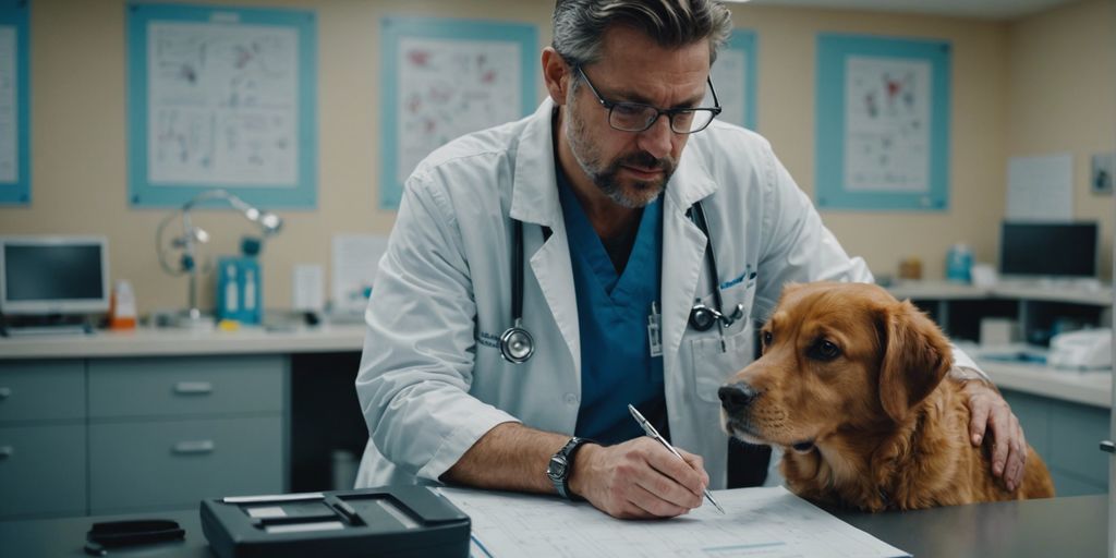 Veterinarian examining a dog in a clinic, highlighting symptoms and prevention of a mystery illness affecting dogs.