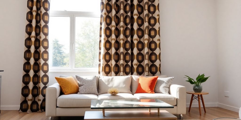 Modern living room, bold patterned curtains, natural light.