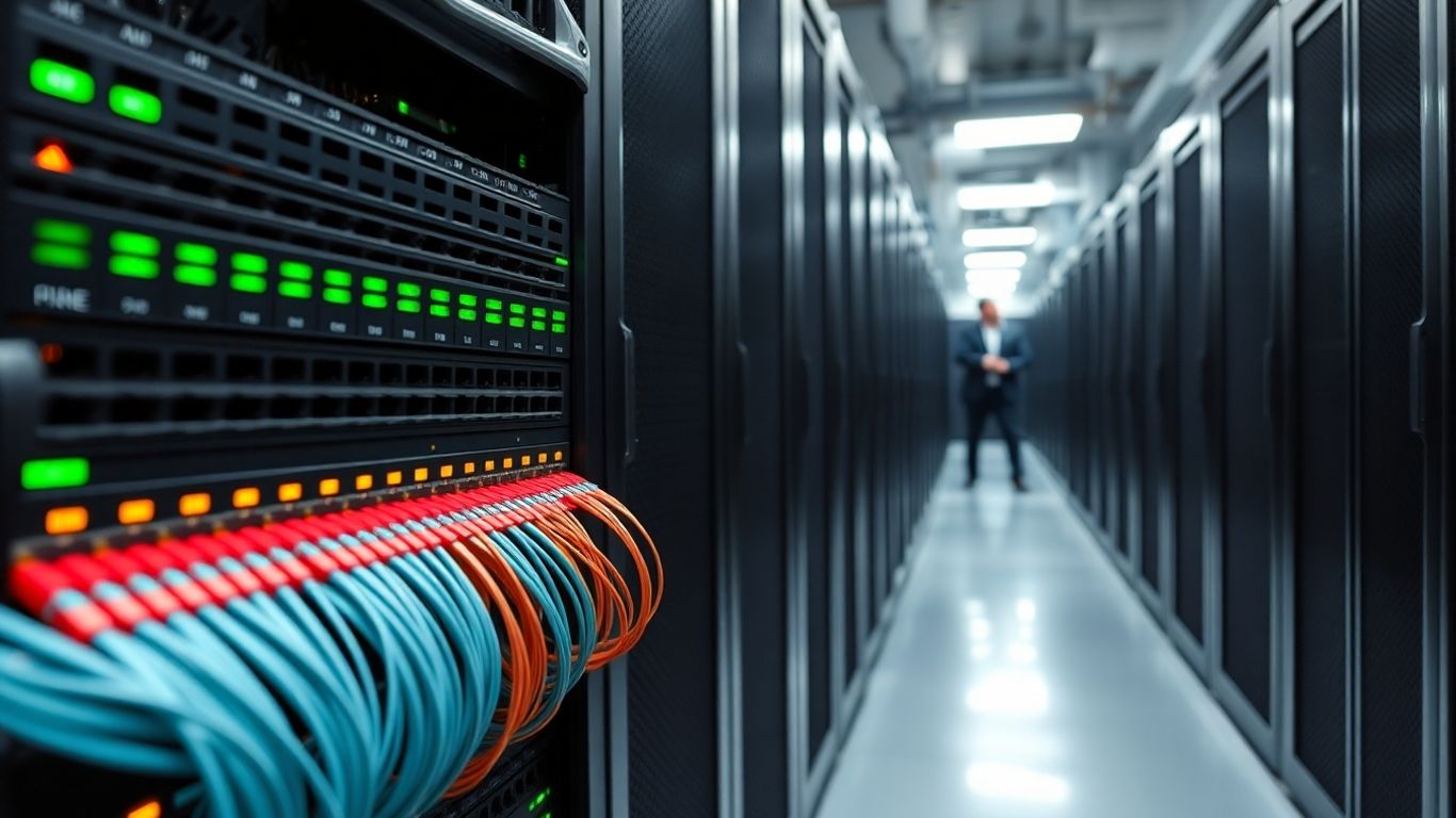 Fibre Channel switches, ports lit, fiber cables in datacenter aisle