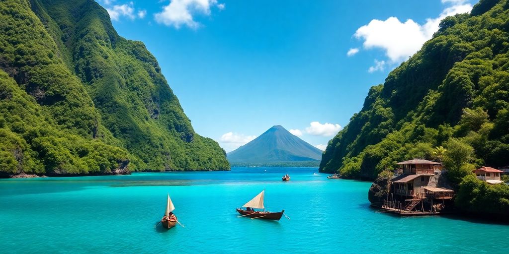 Lush volcanic peaks meet turquoise lagoon in Austral Islands.