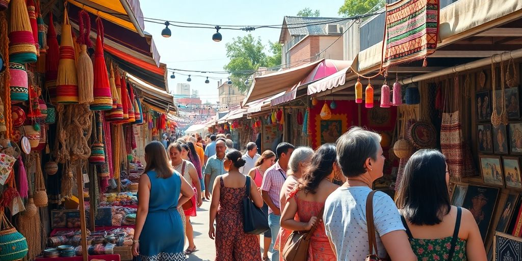Colorful artisan markets, bustling shops, unique crafts.