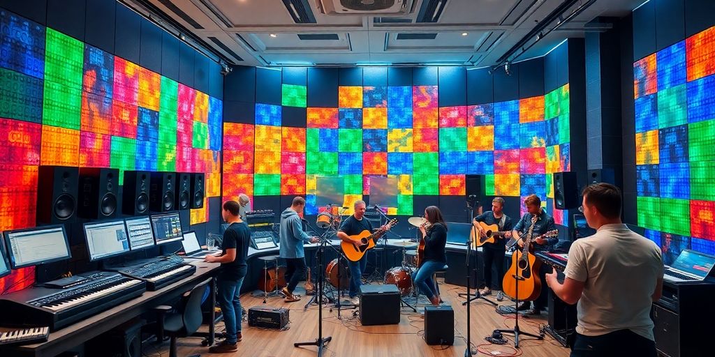 Modern music lab with advanced audio equipment and musicians.