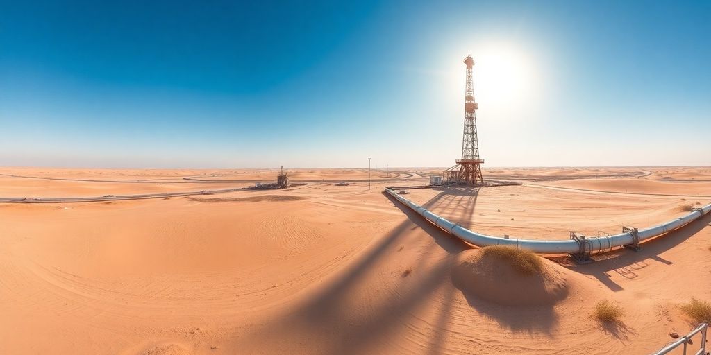 أبراج حفر النفط الصحراوية وخطوط الأنابيب