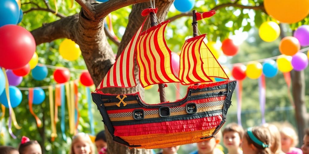 Colourful pirate ship piñata at a festive party.