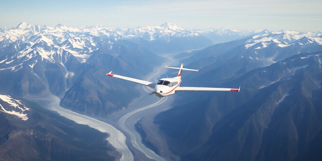 A small airplane flies over vast Alaskan mountains and glaciers.