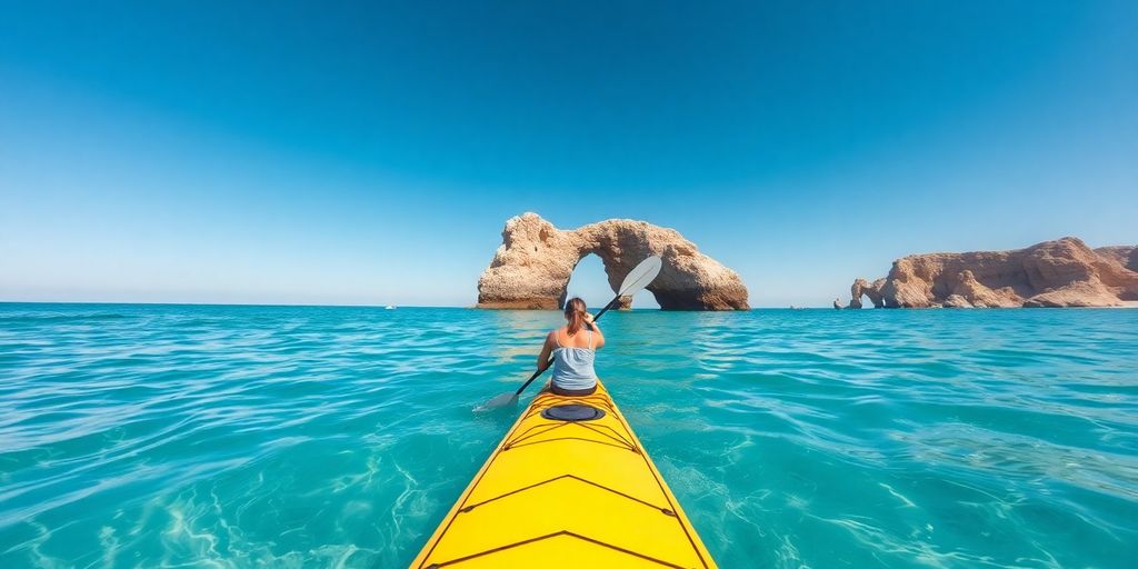 Kayaker paddles through clear ocean by rocky arch.