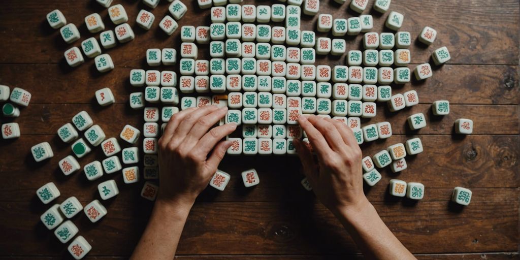 Top-down view of a Mahjong game with colorful tiles and hands making moves on a wooden table.