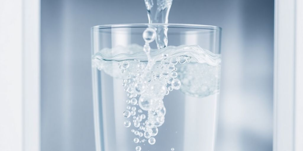 Clear purified water poured into a clear glass.