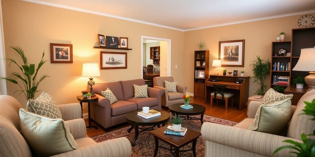 Cozy senior home with warm lighting and personal touches.