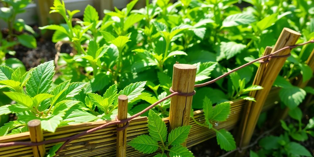 Garten mit Schneckenzaun und Pflanzen.