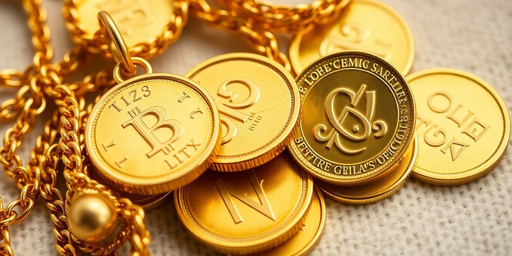 Bijoux en or et pièces brillantes sur fond neutre.