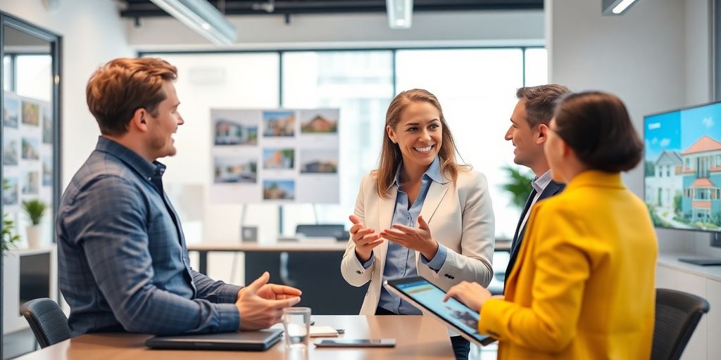 Real estate broker engaging with clients in a modern office.
