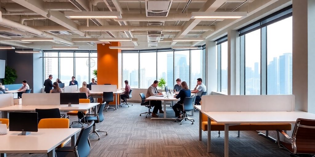 Modern coworking space in Hong Kong with city views.