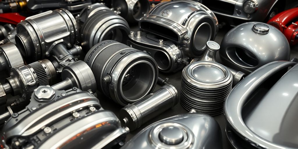 A collection of shiny Mini car parts arranged neatly.