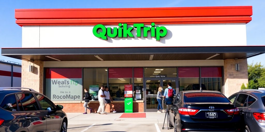 QuikTrip store entrance with customers and cars outside.