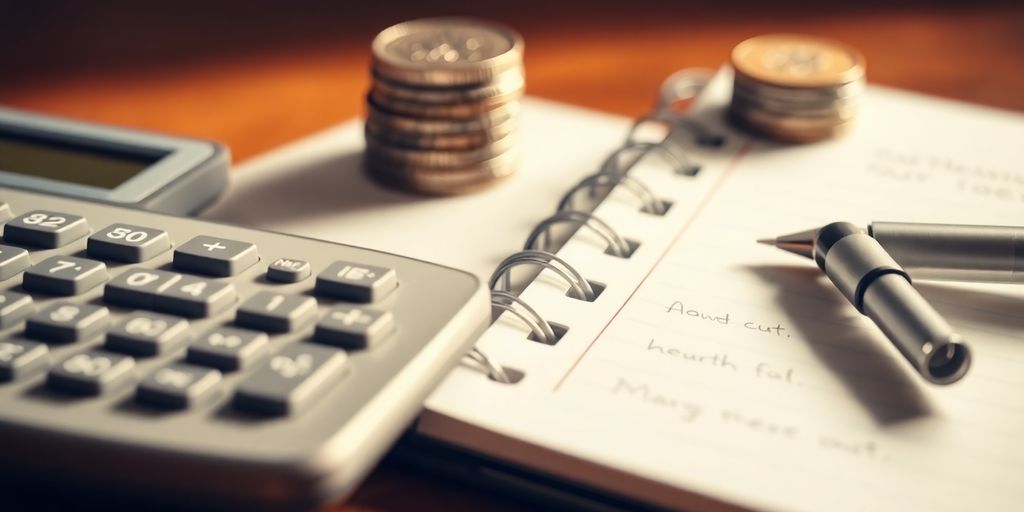 Calculator and notepad with coins in the background.