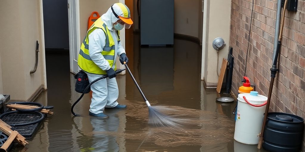 Technician performing sewage cleanup in flooded environment.