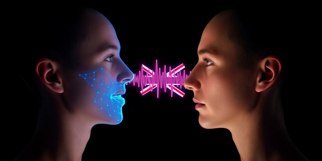 Wireframe and human profiles connected by red white blue waveform.
