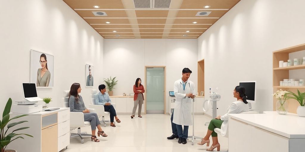 Interior de clínica de bem-estar moderna e acolhedora.