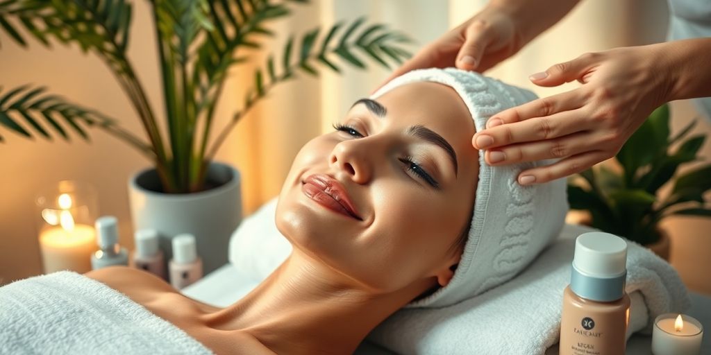 A woman enjoying a facial treatment in a spa.