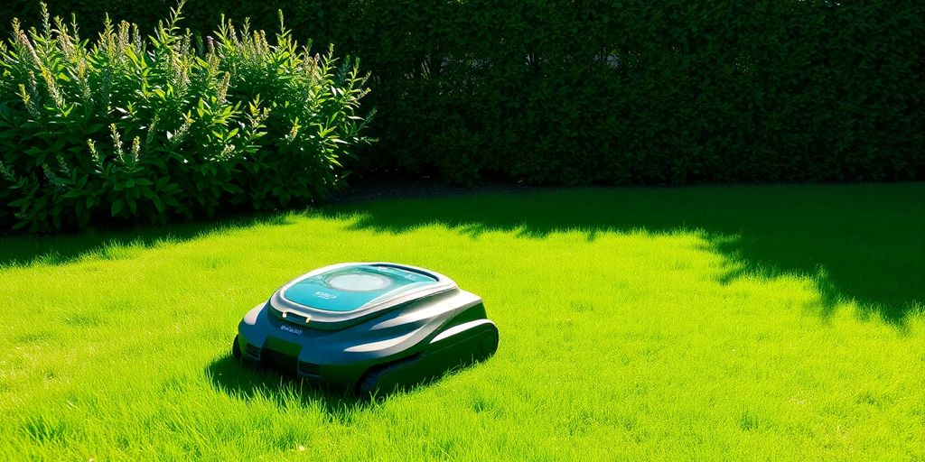 Robotgräsklippare på en grön gräsmatta i Stockholm.