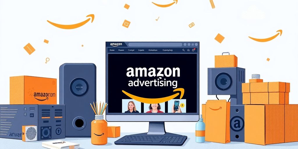 Ilustración de productos de Amazon y la interfaz publicitaria.