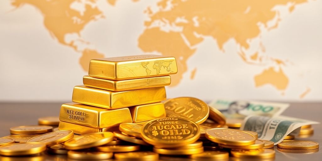 Lingots d'or, pièces, carte du monde, devise