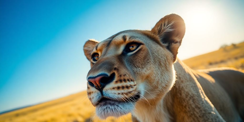 Lioness gazes across sunlit savanna.