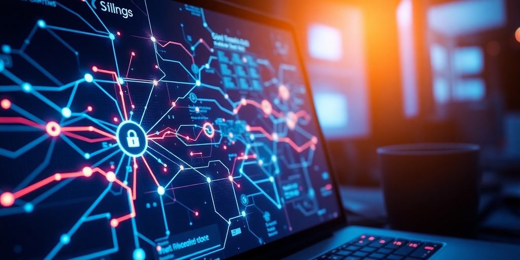 Futuristic computer screen with digital security visuals.