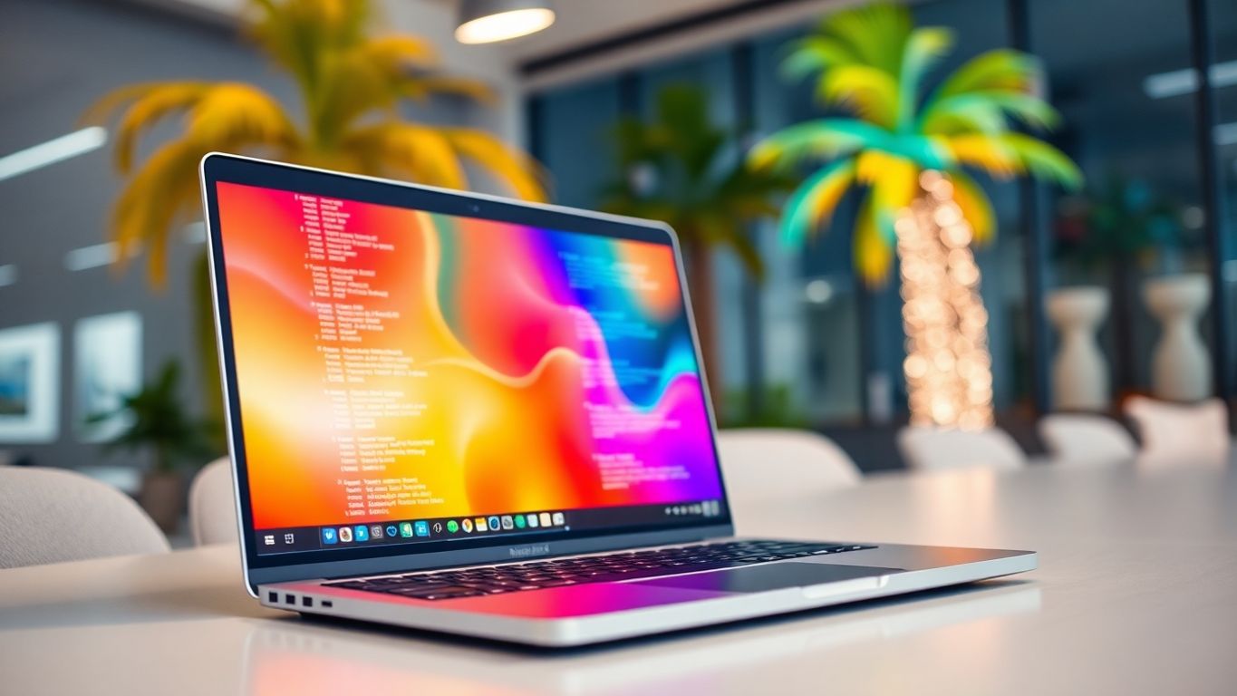 Laptop on beach, palm trees, colorful sky.