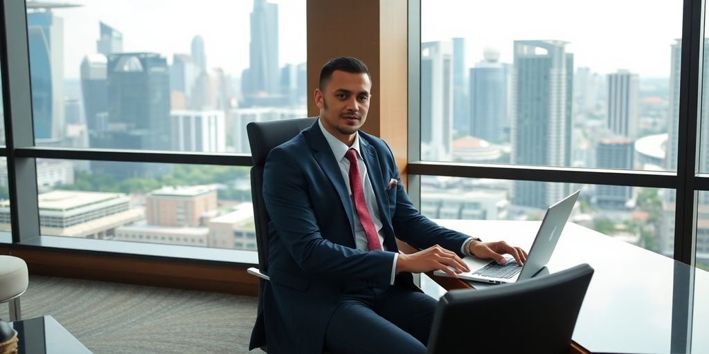 Business traveller working in a Singapore hotel room.