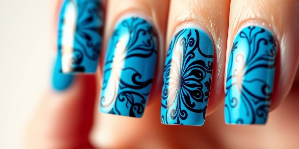Unhas decoradas em azul-petróleo com detalhes criativos.