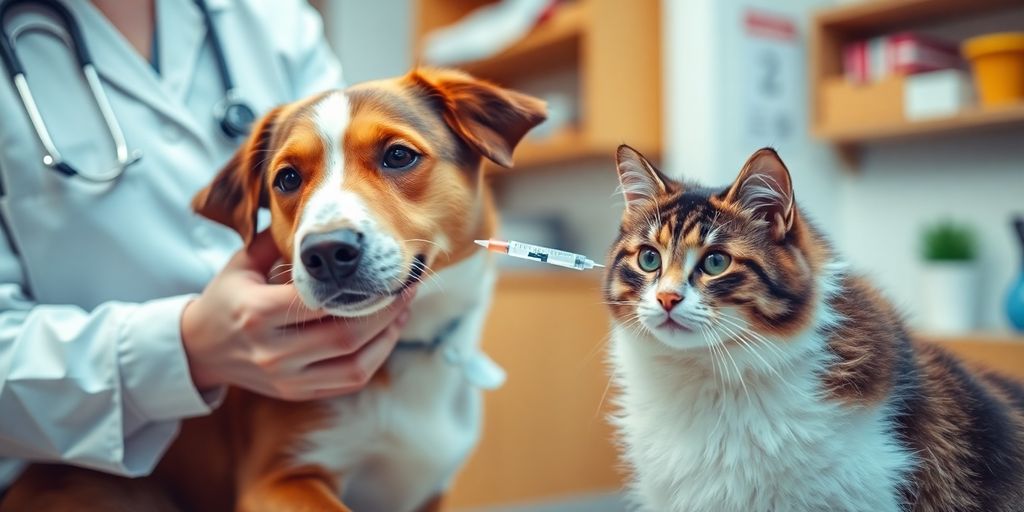 Cão e gato recebendo vacinas em clínica veterinária.
