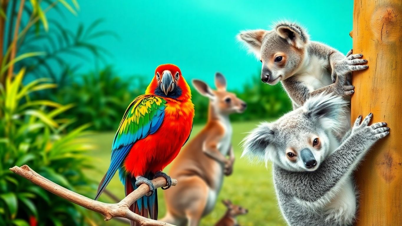 Animais exóticos da Austrália em um ambiente natural.